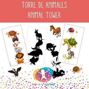 May include: A printable educational game for kids featuring a tower of animals. The game includes a set of cards with silhouettes of animals and a set of cards with the corresponding animals. The game is designed to help kids learn about different animals and their silhouettes.