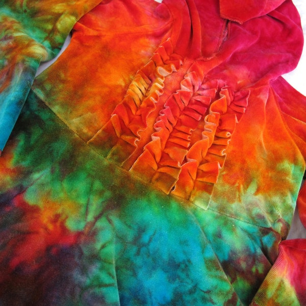 SALE Girls size 6 Organic Cotton/Bamboo Velour Hand-Dyed Rainbow Hooded Dress