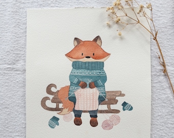 Illustration originale à l'aquarelle - Renard d'hiver