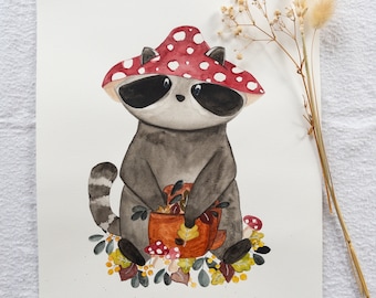 Illustration originale à l'aquarelle - Raton laveur d’automne