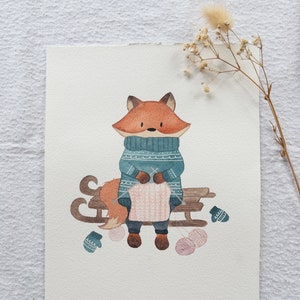 Illustration originale à l'aquarelle Renard d'hiver image 1