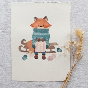 Illustration originale à l'aquarelle Renard d'hiver image 2