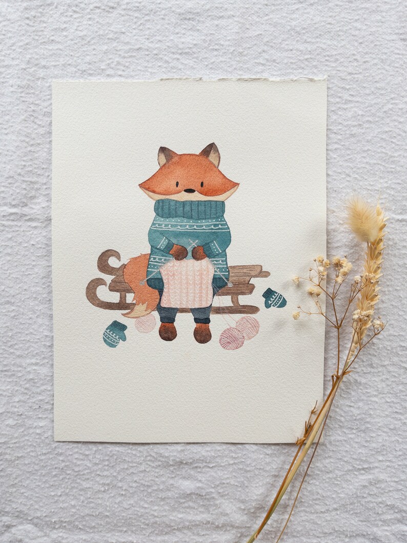 Illustration originale à l'aquarelle Renard d'hiver image 2