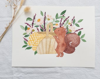 Originele aquarelillustratie - Eekhoorn die een picknick heeft
