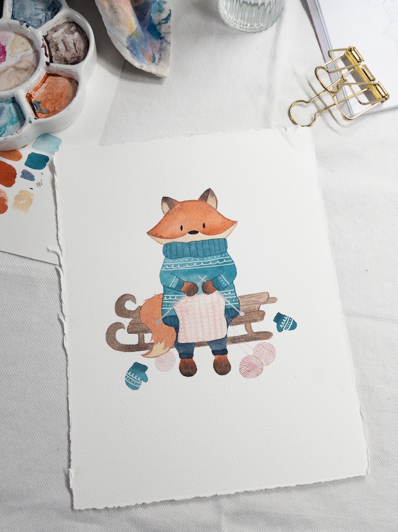 Illustration originale à l'aquarelle Renard d'hiver image 3