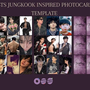 May include: A BTS Jungkook inspired photocard template featuring a grid of various portraits of the artist, a light stick icon, a purple whale illustration, and text reading BTS JUNGKOOK INSPIRED PHOTOCARD TEMPLATE with the name Jungkook.