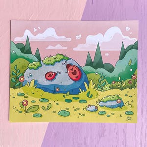 Ladybug Meadow Art Print – 8x8” Nature Illustration – Cute Bug on Rocks – Botanical Insect Wall Decor for Nursery or Home