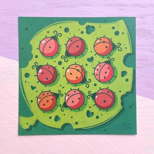 Ladybug Art Print – 8x8” Insect Illustration Wall Decor – Nature Bug Artwork – Leaf and Ladybugs Nursery or Kitchen Decor