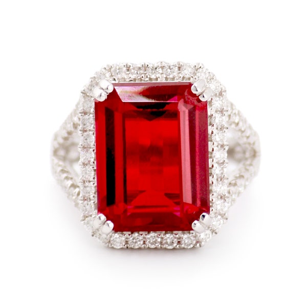 Emerald Cut Cocktail Diamond Ring, 18K White Gold with 1.33ct diamonds, Red Emerald Cut SpinelOTourmaline Stone Set On Vintage Inspired Ring