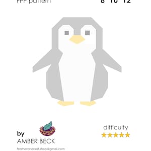 Pingüino - Patrón digital en PDF para papel - Bloque de patchwork con técnica de papel.