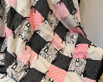 Furry Cats & Dots - handmade lap blanket - cozy 45"x60"