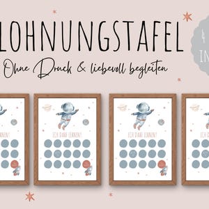 Könnte beinhalten: Vier gerahmte Belohnungstafeln mit Weltraumthema. Jede Tafel zeigt eine Astronautenillustration, einen Planeten und eine Rakete. Der Text "ICH DARF LERNEN!" ist sichtbar. Der obere Text lautet "BELOHNUNGSTAFEL" und "4 SPRÜCHE INKLUSIVE".