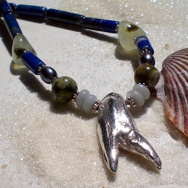 Gonna Pinch Blue Crab Claw Silver Pendant Necklace with Green and Blue Gemstones