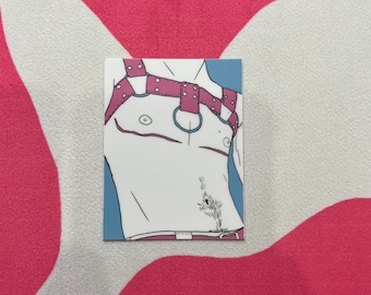 May include: A pink leather harness with a silver ring. The harness is worn on a person's chest and stomach.