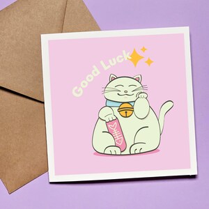 Carte de voeux "Good Luck", carte porte bonheur, carte avec message positif, carte d'encouragement papeterie kawaii, neko kawaii
