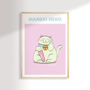 Affiche murale maneki neko, décoration murale maneki neko, poster japonais, décoration bureau, décoration kawaii