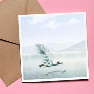 Carte de Vœux Mariage Poétique | Illustration Romantique Couple en Bateau Féérique | Carte Artistique Unique Amour et Voyage