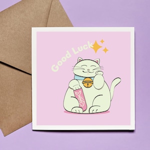 Carte de voeux "Good Luck", carte porte bonheur, carte avec message positif, carte d'encouragement papeterie kawaii, neko kawaii