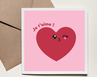 Carte kawaii "Je t'aime", carte amour, carte Saint Valentin, cadeau couple