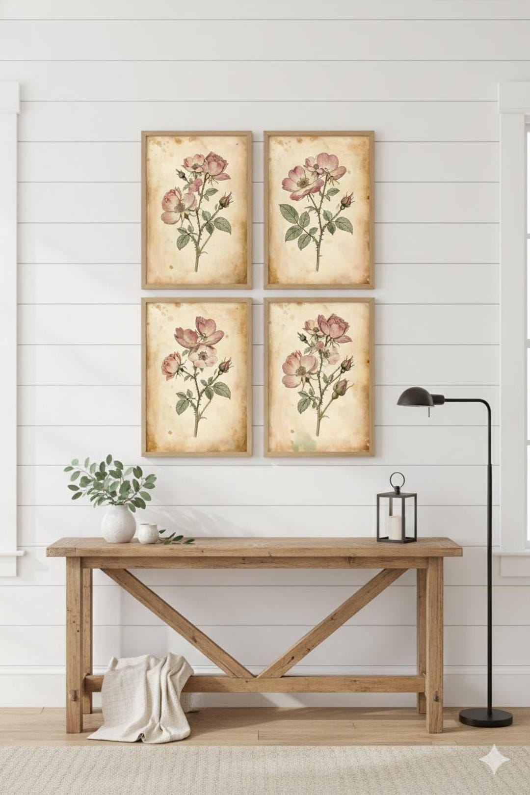 Farmhouse Botanical Wall Art Set, Vintage Rose Prints, Rustic Neutral ...
