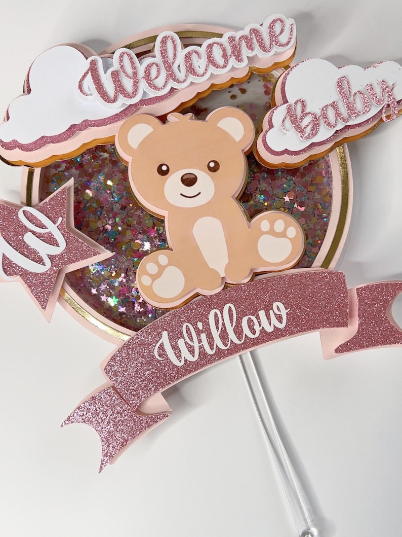 Teddy Bear Cake Topper, Baby Shower Cake Topper for Girls, Baby Name ...