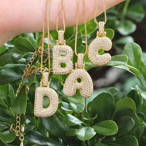 Collier lettre grosse bulle - collier lettre 3D personnalisé - collier initiale ballon en cristal - collier pendentif en or - cadeau pour elle