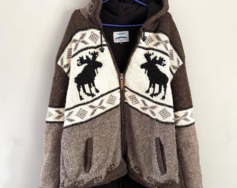 Vintage Ark Imports 100% Wool Knit Hooded Fleece Lined Full Zip Cardigan Sweater with Moose Design Size XL