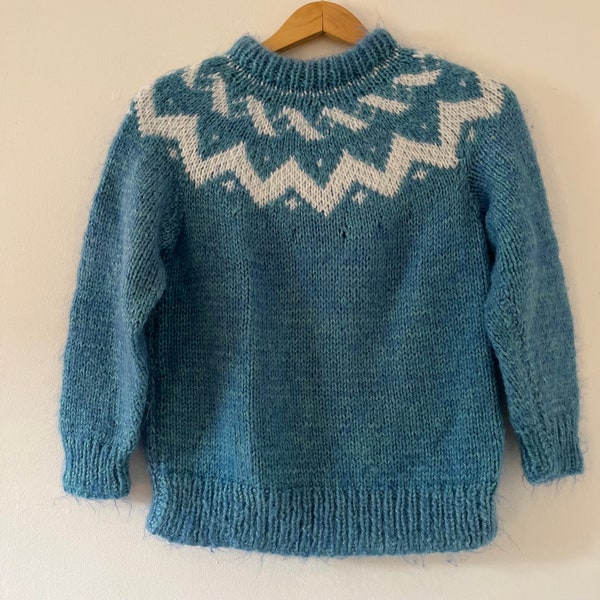Vintage Hand Knit Acrylic Blend Child's Sweater Nordic Yoke Design Blue/White Icelandic Style Size 10 Years