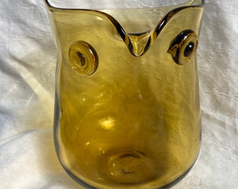 Glass Owl Pitcher Vase Hand Blown Pontiff Vintage Amber Owl MCM