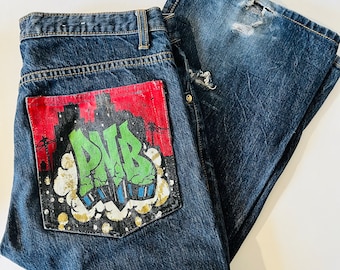 Vintage Y2K Fashion 1990's PNB Nation Denim Jeans with Painted Patch Logo Pocket Size 34 American Streetwear Post No Bills Nation