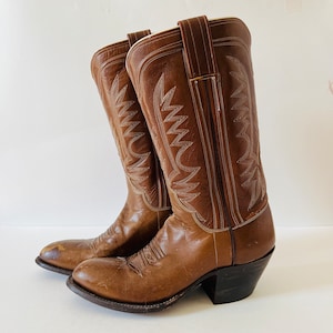 Vintage ML Leddy's bruine leren cowboylaarzen in westernstijl met hak, handgemaakt in San Antonio, Texas, damesmaat 6