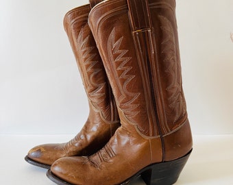 Könnte beinhalten: Ein Paar braune Cowboy-Stiefel aus Leder mit aufwendigen Nähten. Die Stiefel haben eine spitze Zehenpartie und einen niedrigen Absatz.