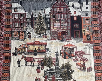Vintage Goodwin Weavers 100% bawełniany koc gobelinowy z frędzlami i motywem wiejskiej scenerii, tkany potrójnie