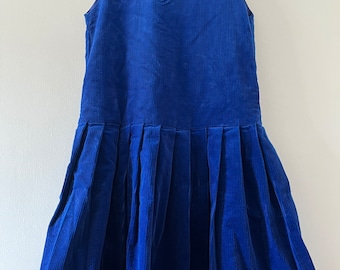 Vintage Laura Ashley Drop Waist Pleated Corduroy Royal Blue Dress 80s Fashion size 10 Vintage 80s Jumper Dress CORDUROY Pleated TEA LENGTH