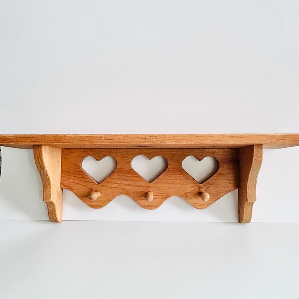 Vintage 90's Cottagecore Wooden Heart Shaped Cut Out Pine Wall Shelf with Hooks Knick Knacks Small Plants Crystals Country Style Home Decor