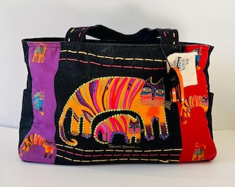 Vintage Laurel Burch Canvas Cat Tote Bag, Feline Friends Embroidered Sequined Shoulder Bag with Tag Charm, Retro Whimsical Cat Lover Gift