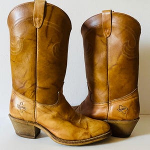 May include: A pair of tan leather cowboy boots. The boots have a pointed toe, a stacked heel, and decorative stitching on the shaft. The Texas state outline is embossed on the side of each boot.