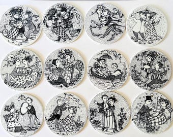 Vintage 1970's Bjørn Wiinblad Nymølle Denmark Porcelain Romantic 12 Month Calendar Wall Art Plates Scandi Style Cottagecore Home Decor
