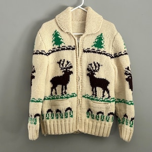 Vintage 1970&#39;s 100% Wool Hand Knit Cowichan Style Shawl Neck Sweater Zippered Cardigan Deer Design Lightning Zipper Size Large