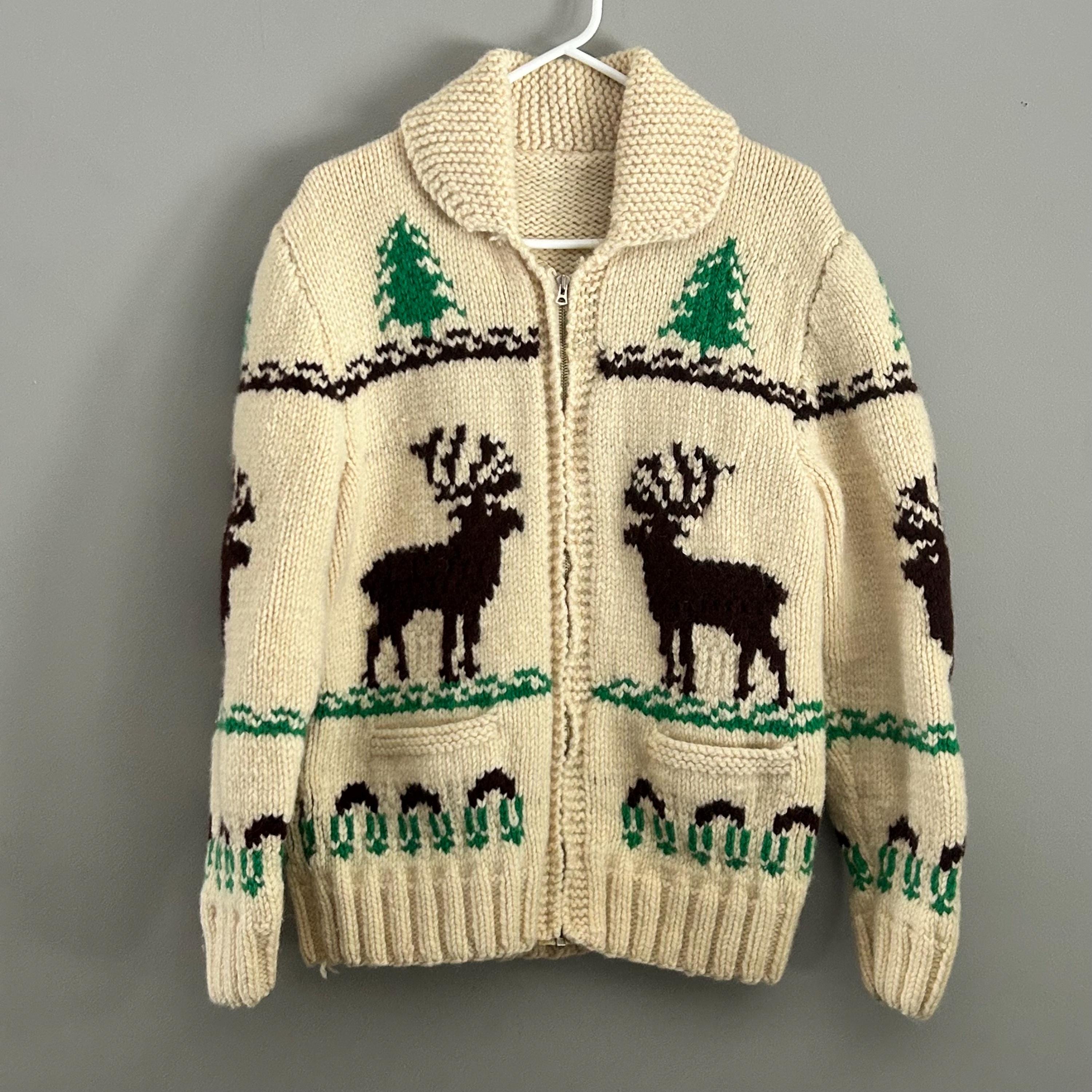 Vintage 1970's 100% Wool Hand Knit Cowichan Style Shawl Neck