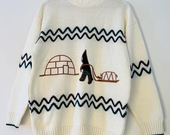 Vintage jaren 1980 Inuk Inuit iglo Arctic geappliceerde pullover trui door BBW Originals gemaakt in Canada maat 3X