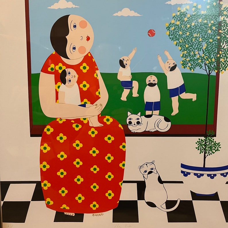 May include: A colorful illustration of a woman in a red dress with white flowers holding a baby. The woman is standing in front of a window with a green lawn and blue sky. There are three children playing outside the window. A cat is sitting on the ground below the window.