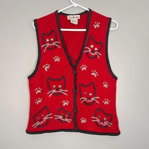 Vintage 90er Jahre Timberlea Hand bestickt Strickkatzen Kätzchen Katzenliebhaber Button Up Strickweste Y2K Fashion Style Cotton/Ramie Größe Medium