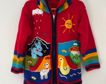 Vintage Peruvian ArpilleraWool Hand Embroidered Embellished Applique Toddler Sweater Cardigan size 2-4 years Llama Sun Farm Scene