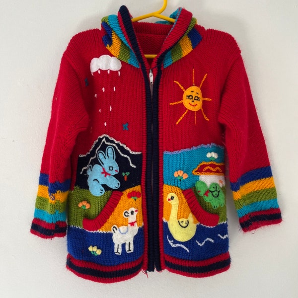 Vintage Peruvian ArpilleraWool Hand Embroidered Embellished Applique Toddler Sweater Cardigan size 2-4 years Llama Sun Farm Scene