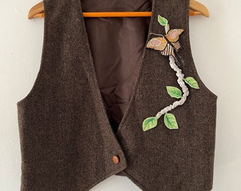 Vintage Handmade Woolen Tweed Vest Fairycore Cottagecore Bog Witch Appliqued Butterfly with Leaves Size Medium