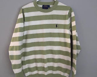 Suéter vintage de punto de mezcla de lana de cordero a rayas verdes y blancas de Polo Ralph Lauren, talla mediana