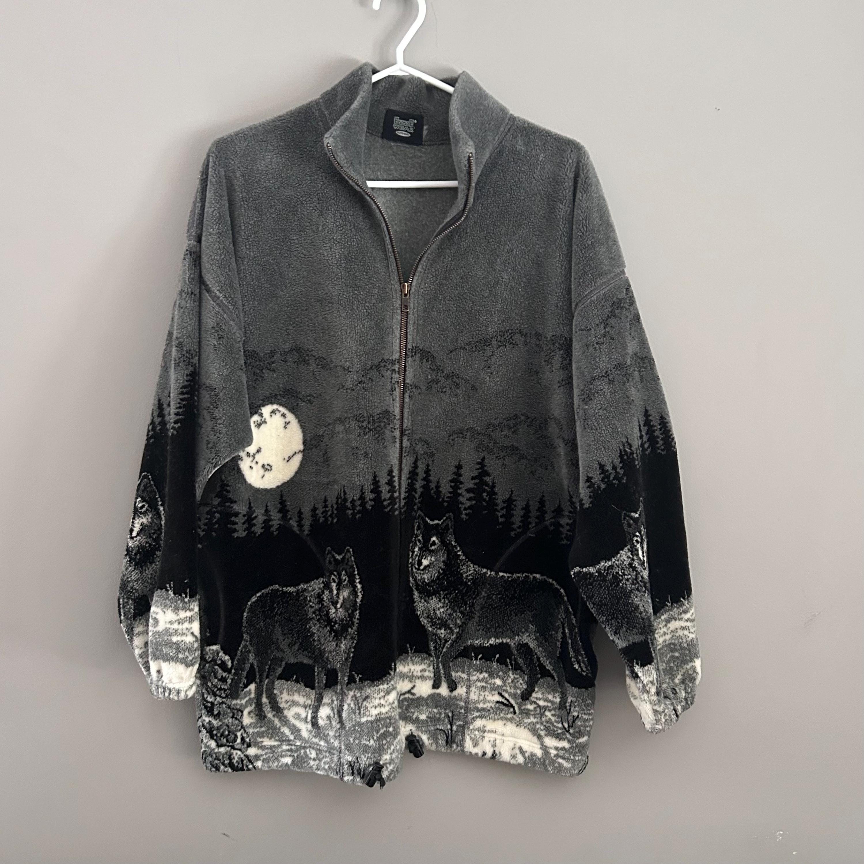 Vintage 1990's Ezze Wears Fleece Full Zip Unlined Majestic Wolf