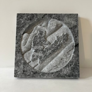 Vintage Soapstone Carved Marble Inuit Style Art Tile Relief Plaque Signed by Ralph ( Raffaele) Rotondo 7 x 7 inches