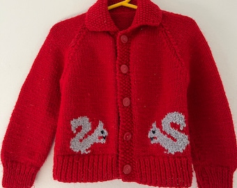 Vintage Hand Knit Acrylic Squirrel Baby Cardigan Sweater Jumper size 6-12 months